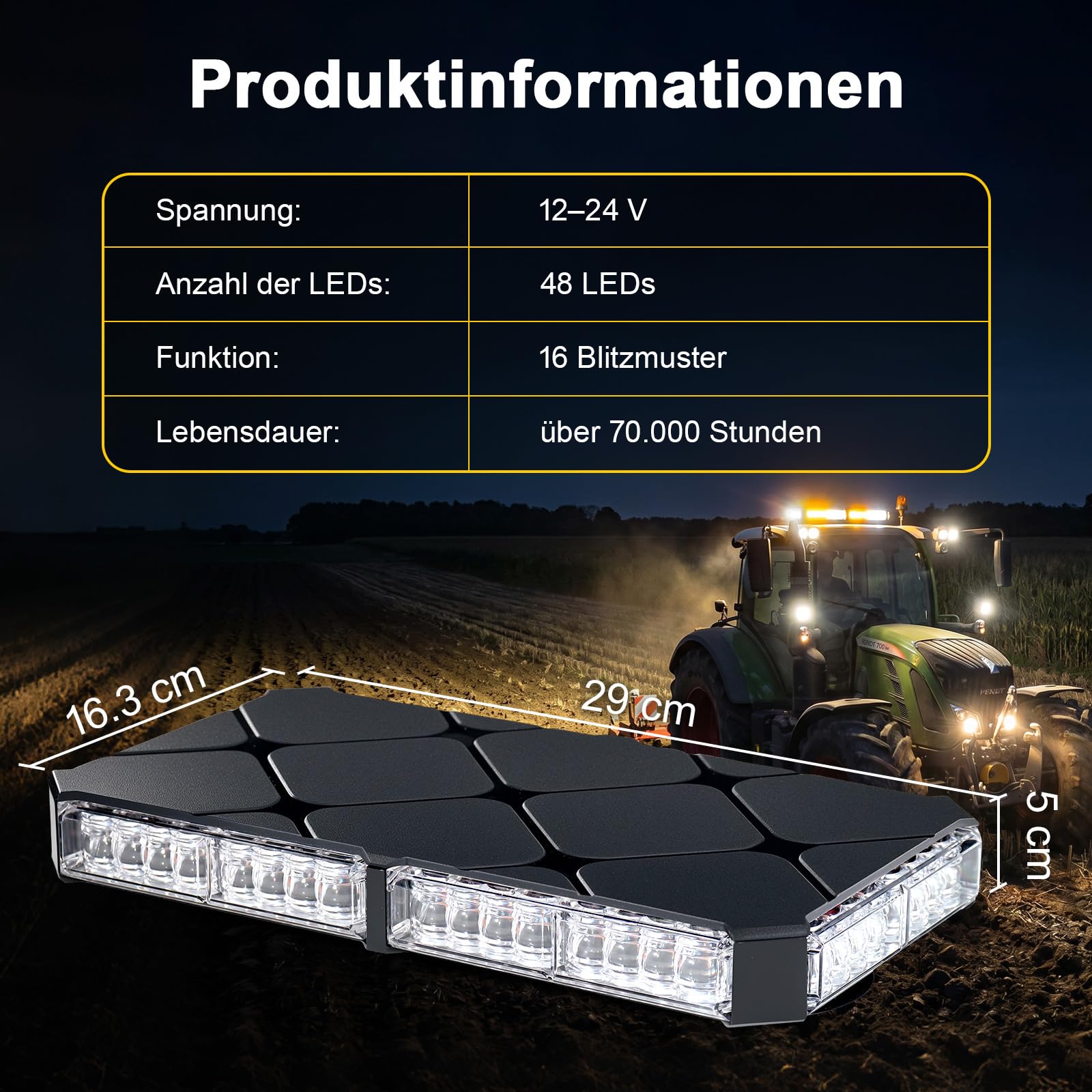 Lampa LED dookoła, żółta, biała, z funkcją pamięci – magnetyczna lampka ostrzegawcza na dach samochodu (130 km/h) – 48 diod LED lampa błyskowa 12 V 24 V z 16 trybami i kablem 4,8 m, IP67 do samochodów