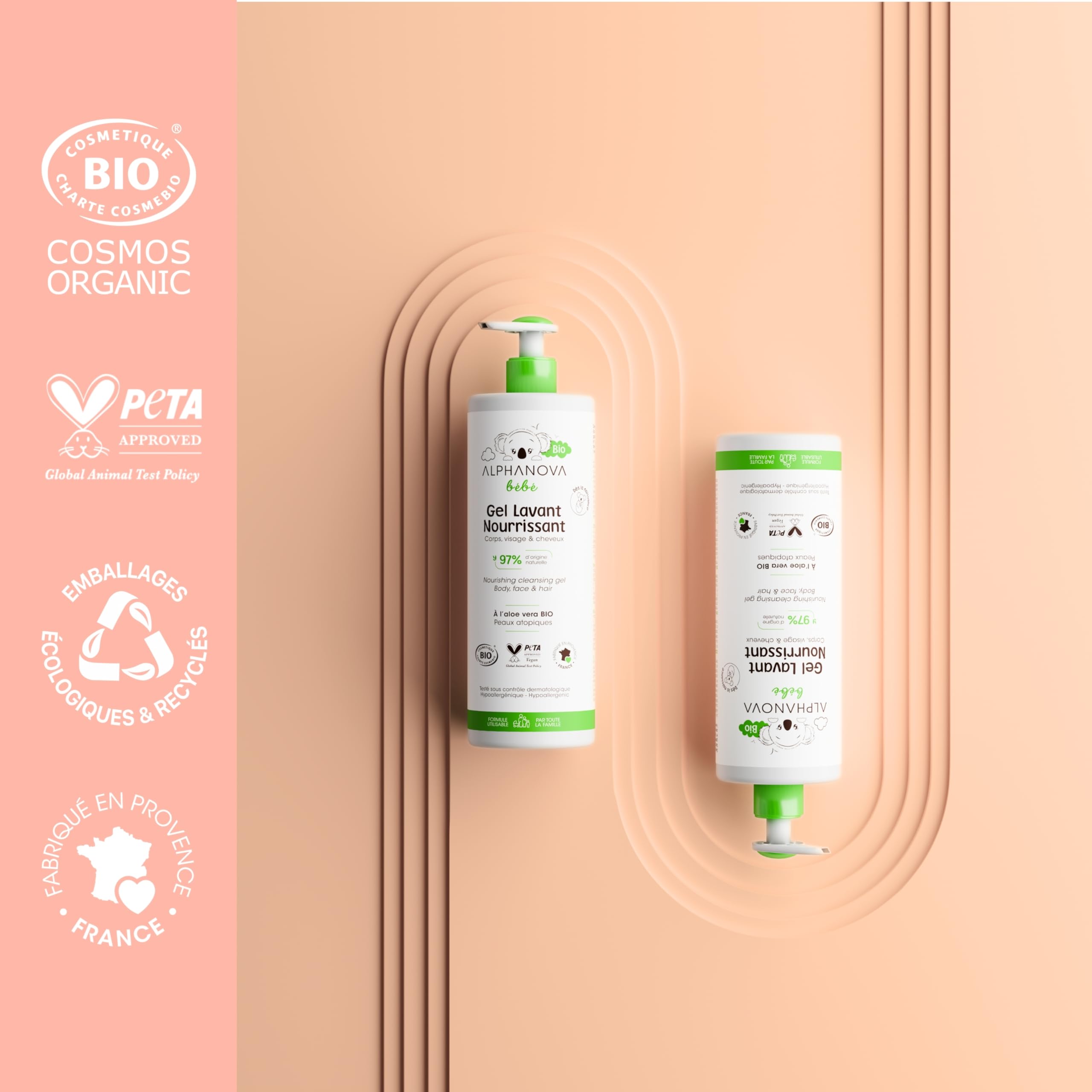 ALPHANOVA Bébé Gel de lavado natural y orgánico* – Cuerpo, cara y cabello – Especial para pieles sensibles, reactivas o secas – Certificado orgánico – Sin perfume – 400 ml