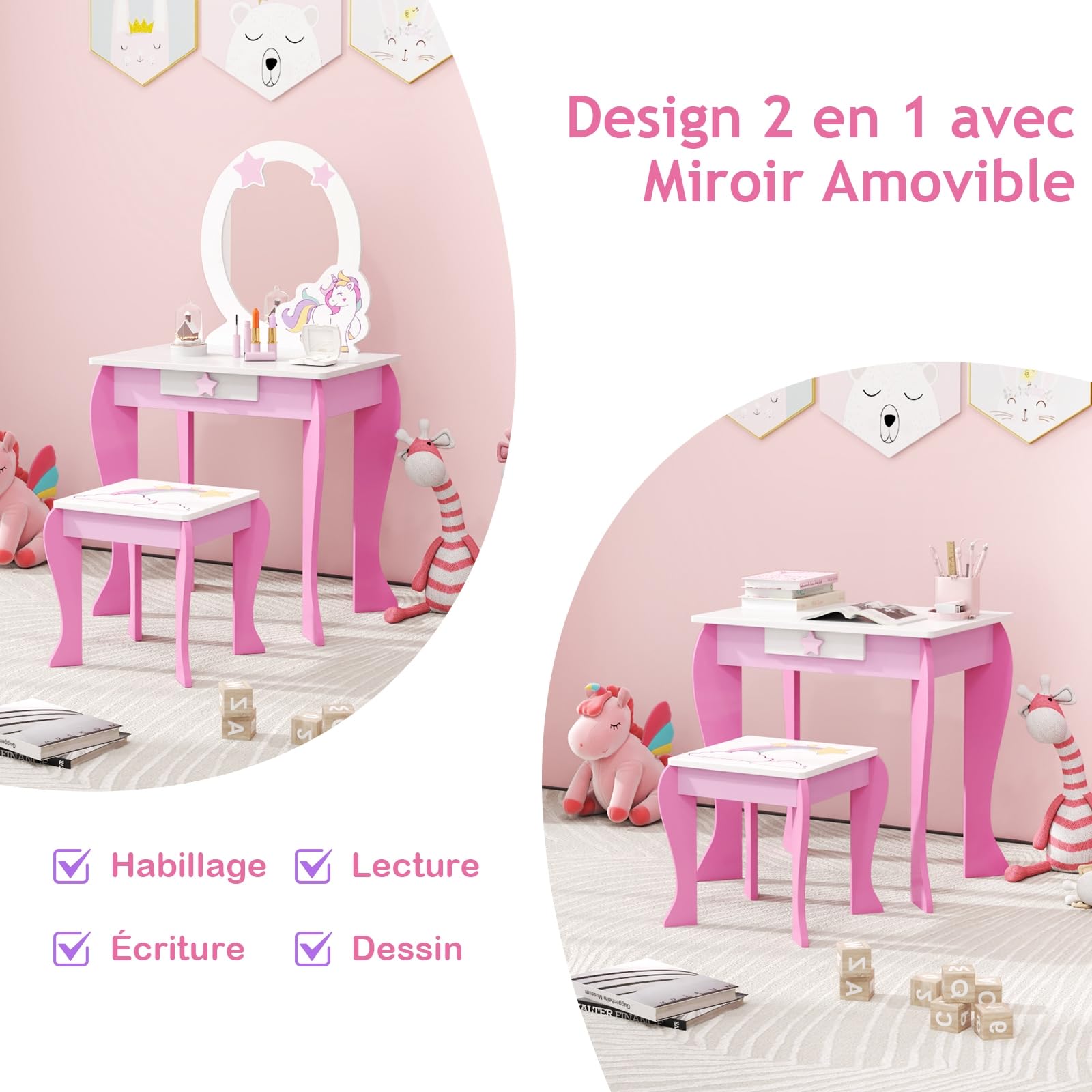 LIFEZEAL Coiffeuse avec Miroir et Tabouret Enfant, Coiffeuse Enfant Licorne Fille 3-7 Ans, Table de Maquillage Bois avec Tiroir pour Petite Princesse (Rose)
