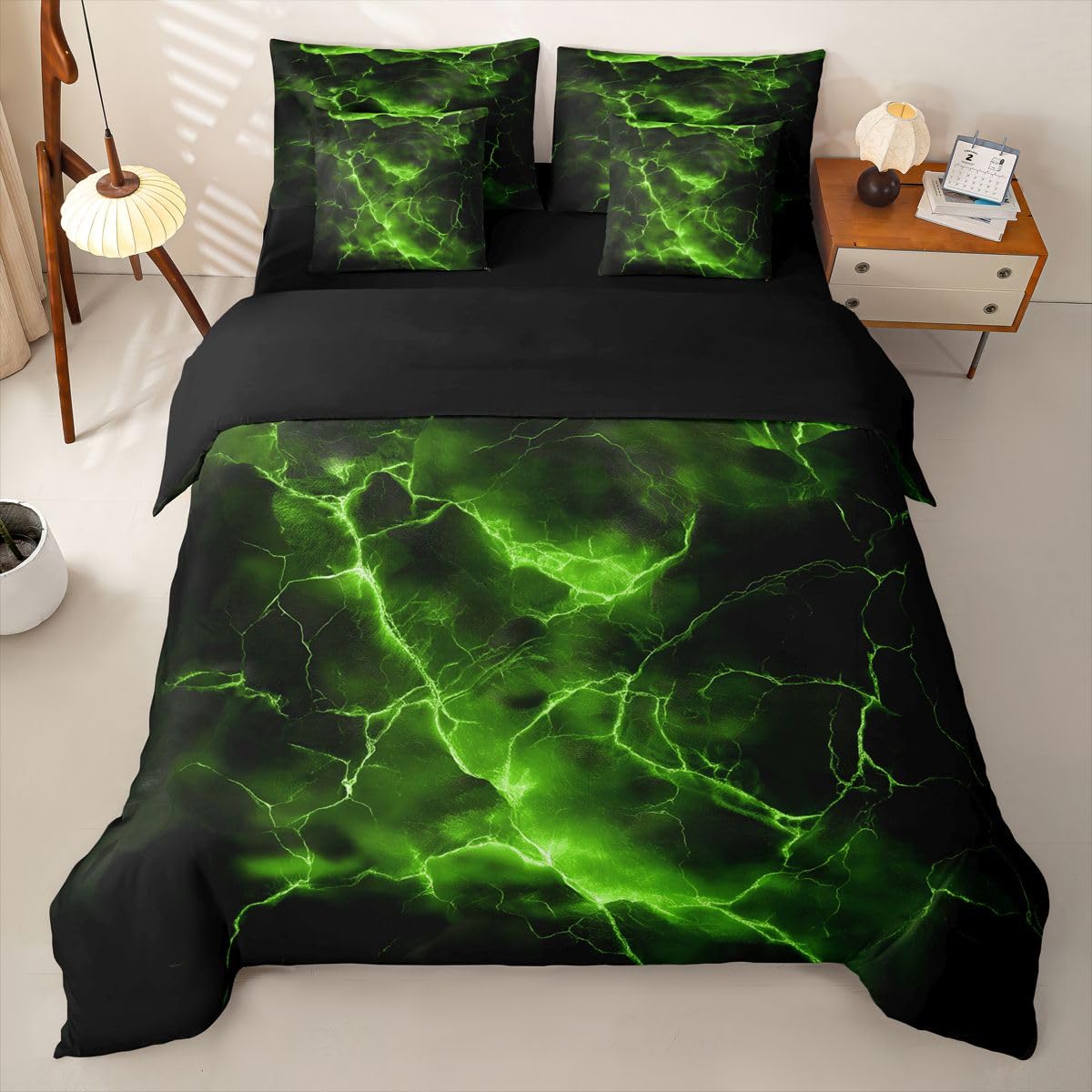 Loussiesd Juego de funda de edredón de 7 piezas para niños y niñas, color verde y negro, con funda de edredón, sábanas, fundas de almohada, fundas de cojín, color verde y negro