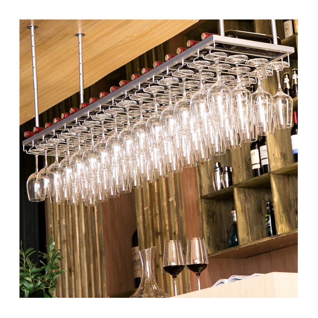 Botellero de barra invertido color plata con soporte colgante para copas de vino de 120x30 cm