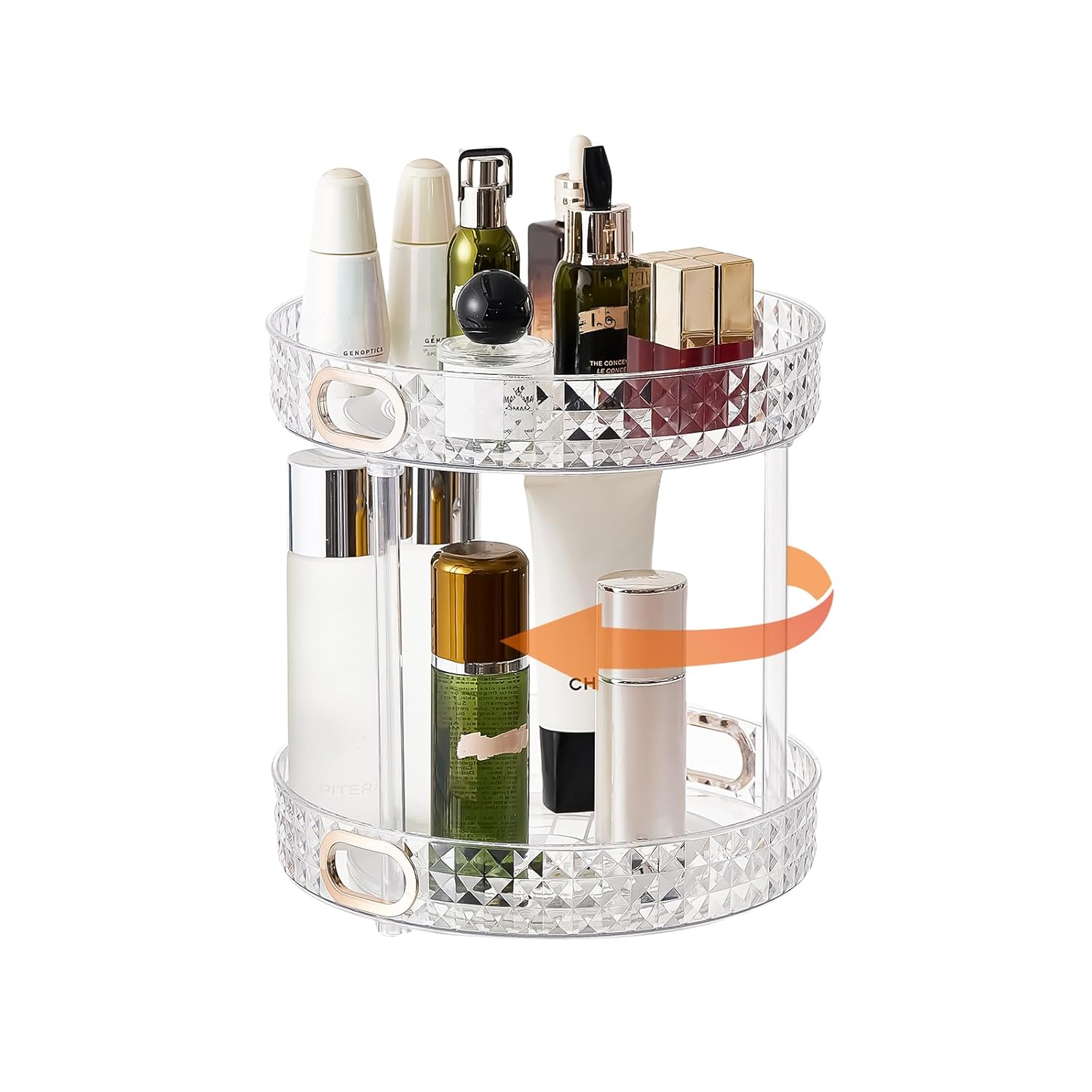 Xonusin 360° Rotating Makeup Organizer, 2 Tier Large Perfume Organizers with Portable Handle for Vanity Bathroom Countertop, Bathroom Counter Organizer for Cosmetics Skincare Perfume