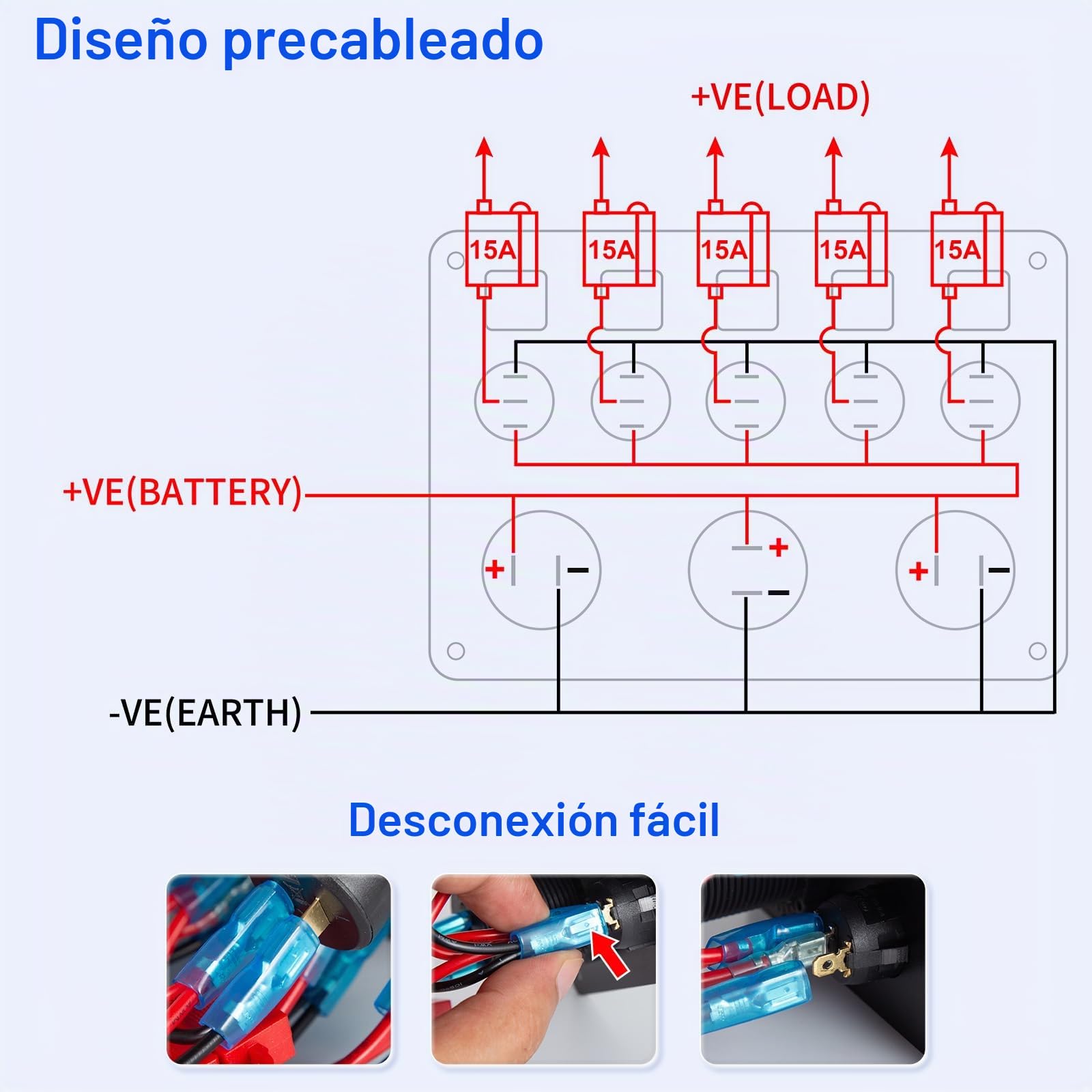 12V 24V 5 pandilla Interruptor Rocker ON OFF Panel de aluminio pre-cableado Impermeable con cargador coche triple puertos USB 78W, Voltmetro digital led y enchufador de cigarillos para coche barco