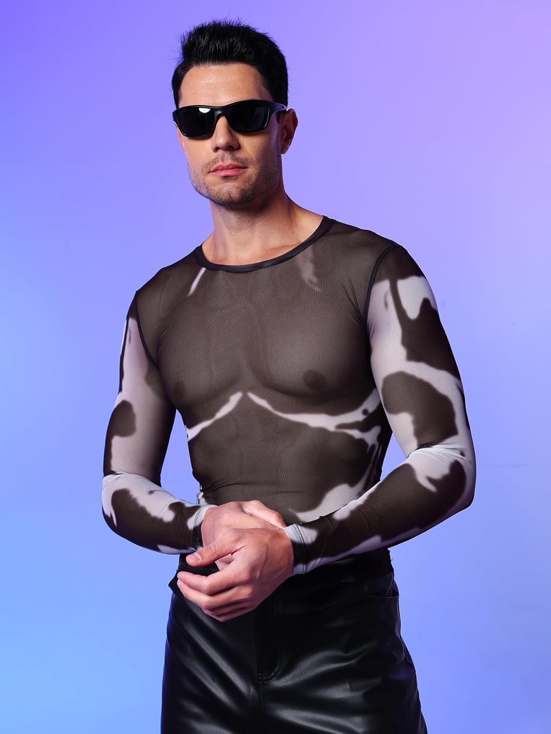 WDIRARA Men's Mesh Shirts Long Sleeve Rave See Through Tee Crewneck Party Club Wear Top - Image 4