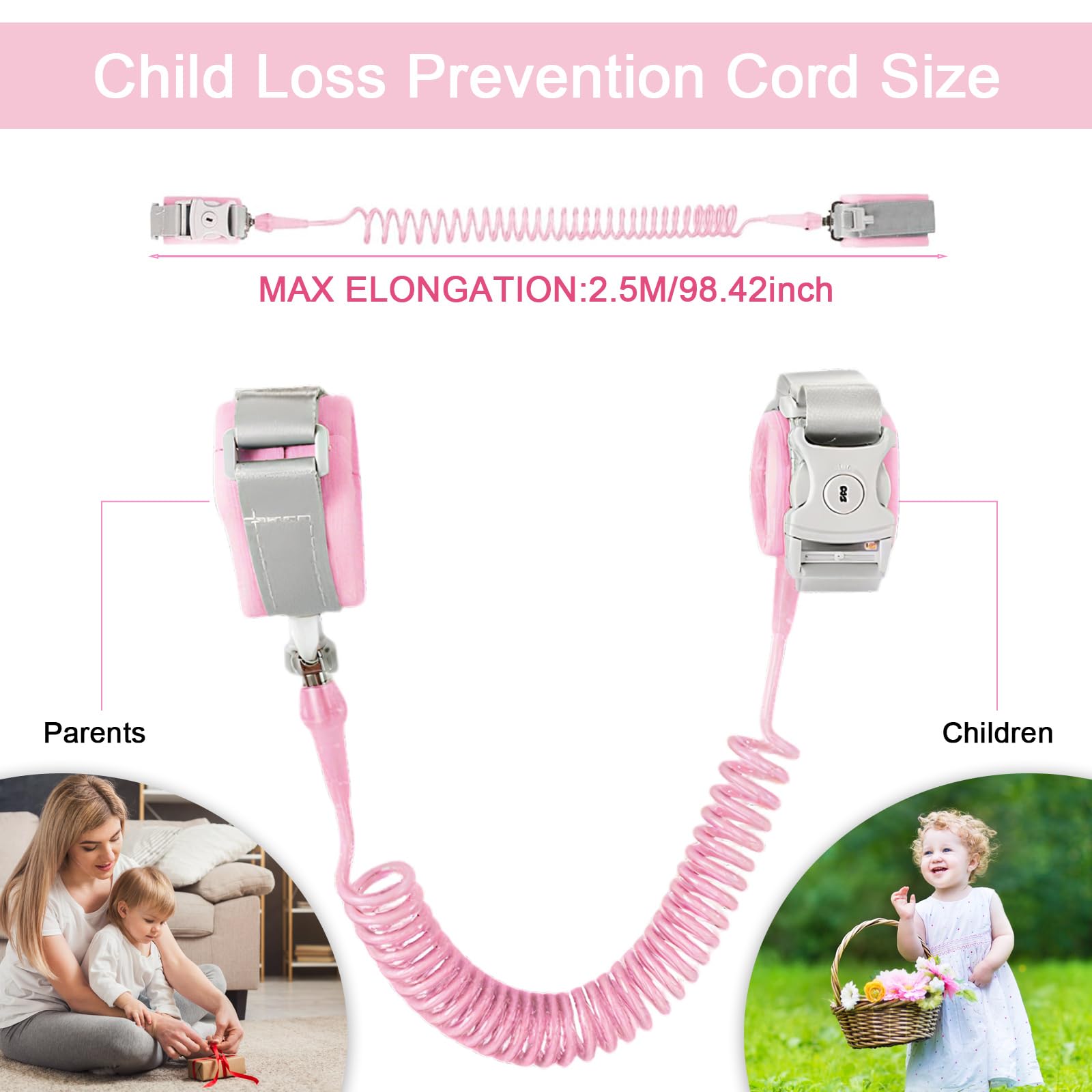 Guinzaglio per bambini 2,5M con chiave Braccialetto anti-perso regolabile 360° Rosa