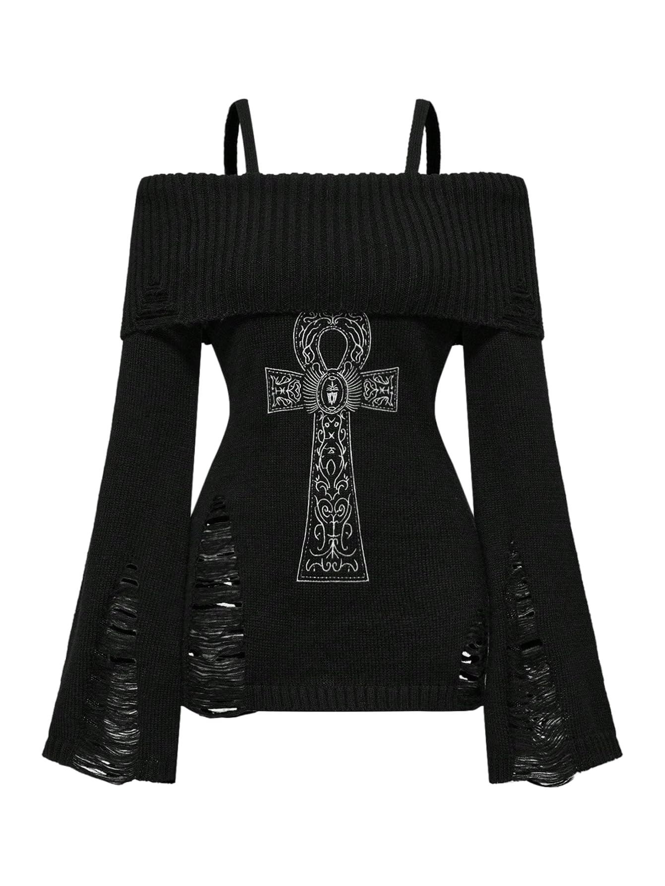 Womens Y2K Off The Shoulder Sweater Embroidery Goth Punk Grunge Ripped Sweater Distressed Long Sleeve Knit Pullovers