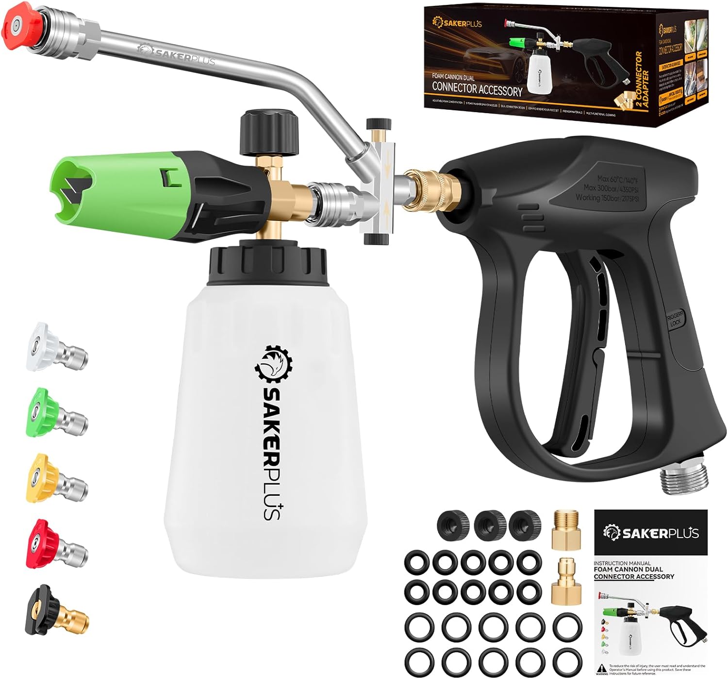 Foam Cannon Dual Connector Accessory,Pressure Washer Gun with Foam Cannon,1/4 Inch Quick Connector with 5 Power Washer Sprayer Nozzles,for Car Washing and Cleaning