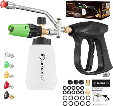 SakerPlus Foam Cannon Dual Connector Accessory,Pressure Washer Gun with Foam Cannon,1/4 Inch Quick Connector with 5 Power Washer Sprayer Nozzles,for Car Washing and Cleaning