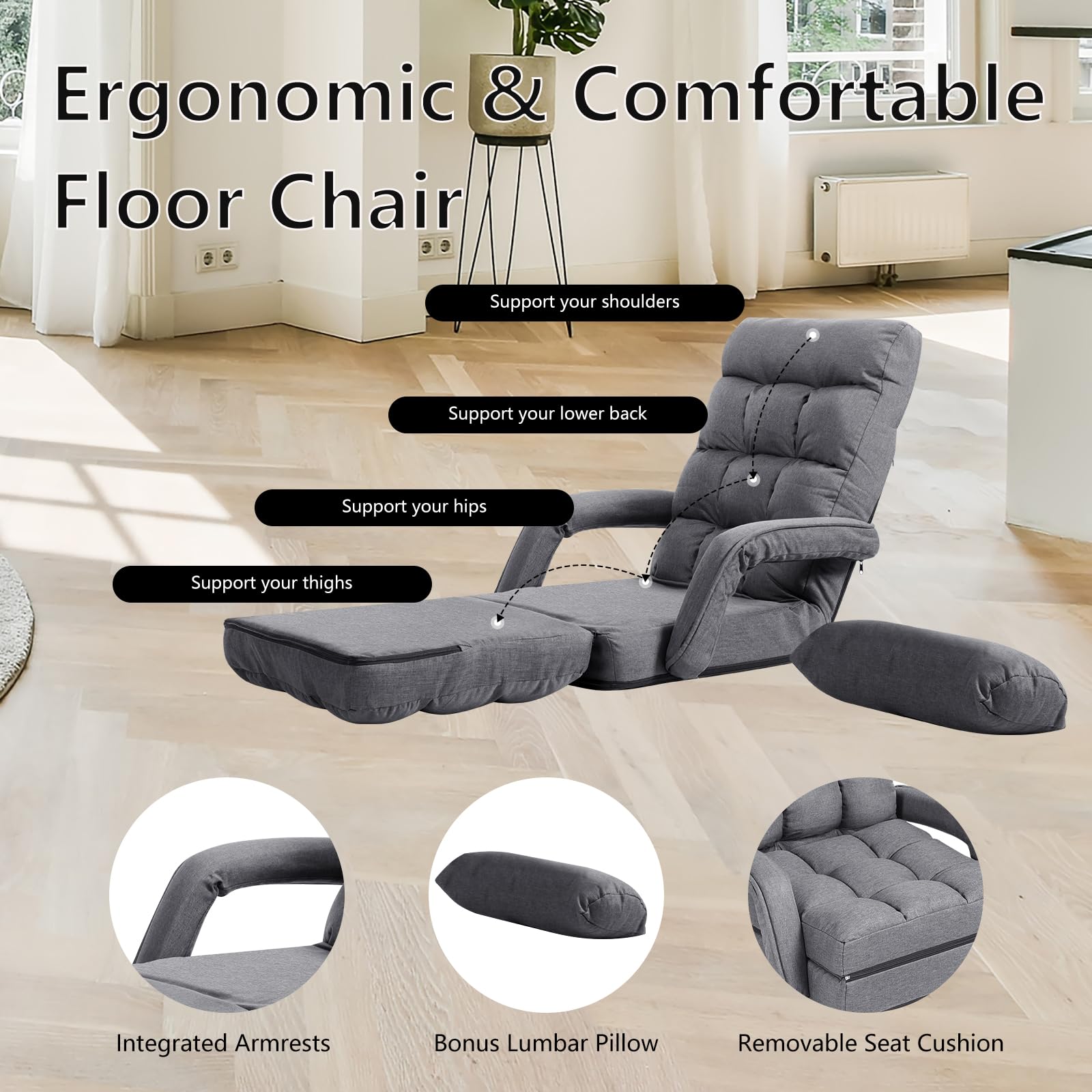 RELAX4LIFE Poltrona Pieghevole con Cuscino, Sedia da Terra Regolabile in 5 Livelli, Divano e Letto, Poltrona Reclinabile, Ergonomico, Comodo Tessuto e Imbottitura (GRIGIO)