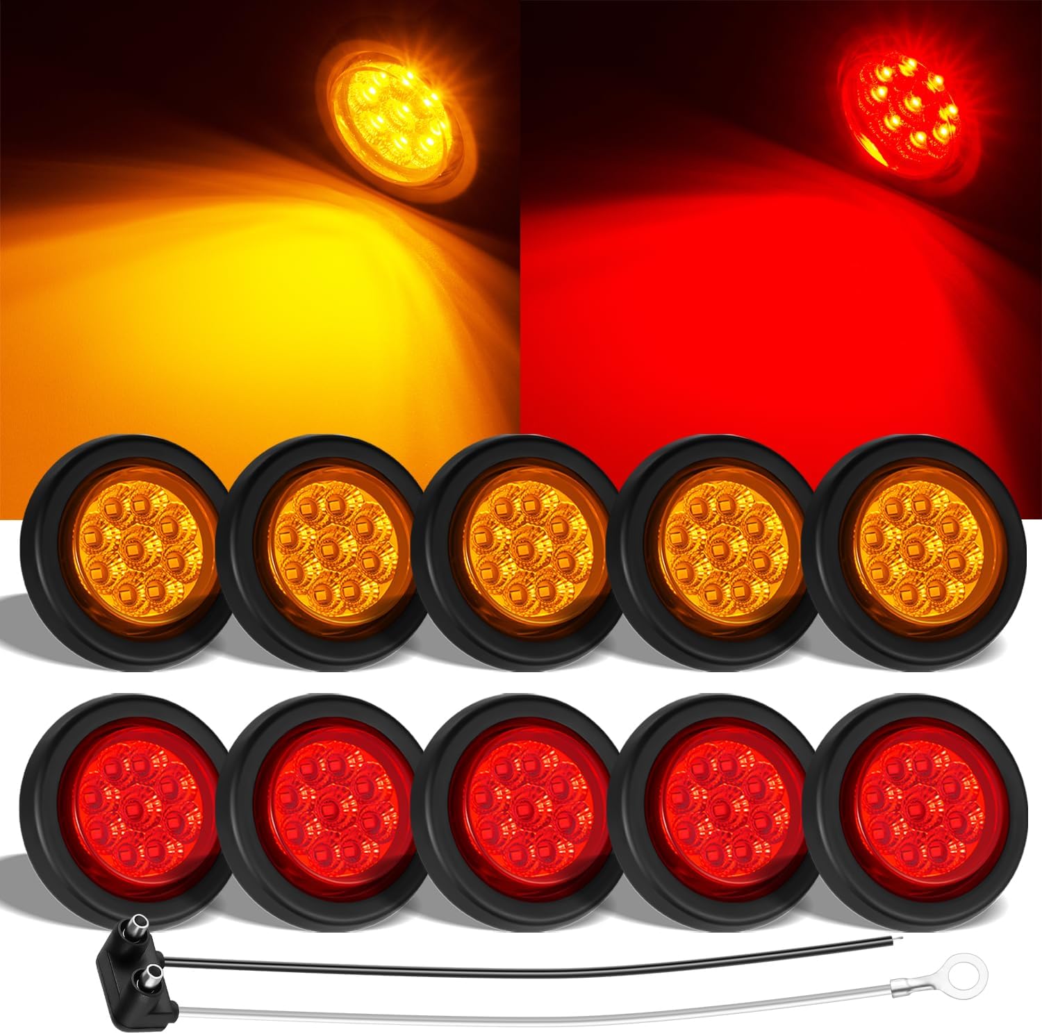 10 Pack (5 Amber & 5 Red) 2 inch LED Marker light, Grommet Flush Mount, Sealed IP67 Waterproof 2 inch Round LED Side Marker Clearance Lights with Reflective Lens for Trailer Truck RV Boat Camper etc