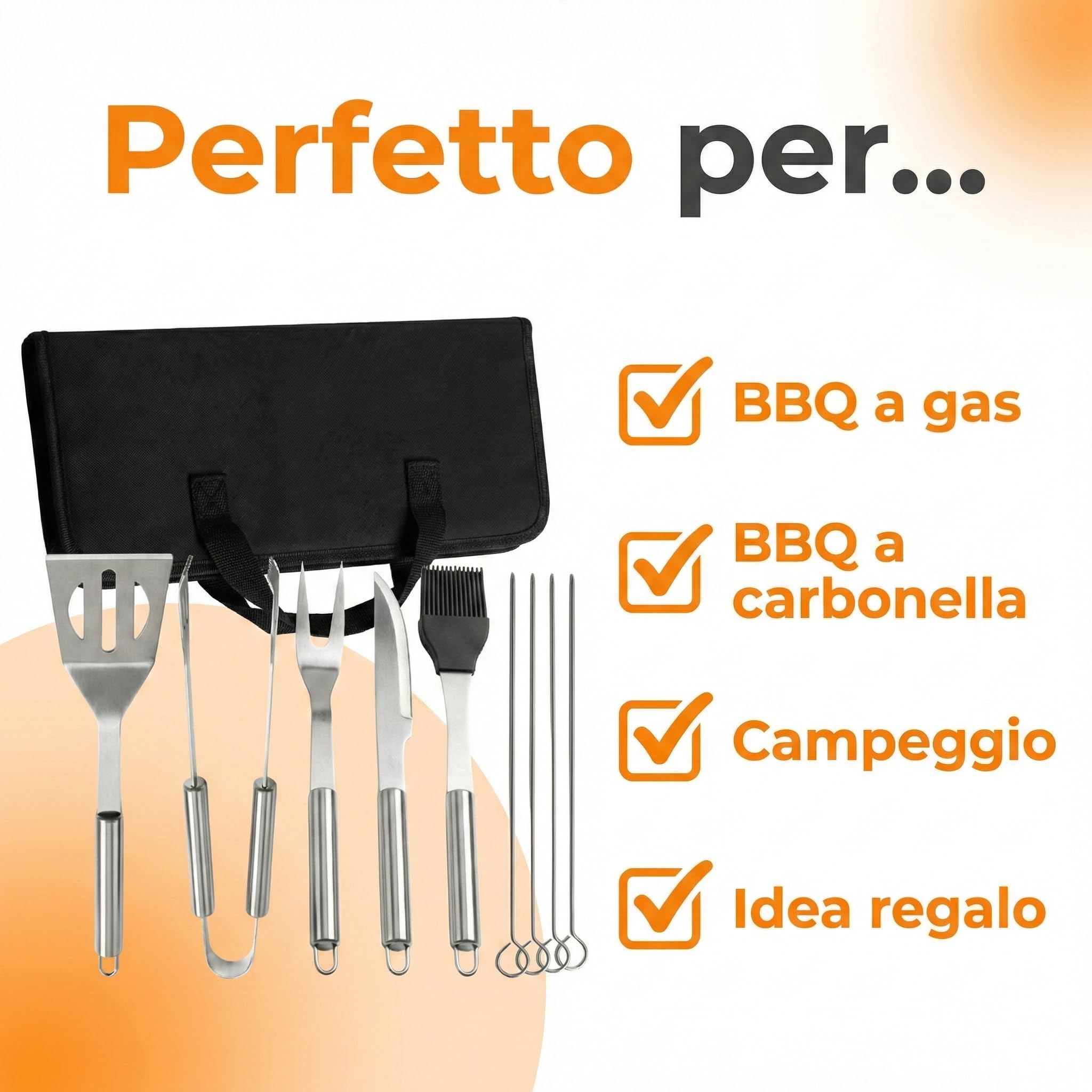 Set 9 Pezzi Utensili Barbecue – Attrezzi BBQ in Acciaio Inox con Custodia – Accessori Completi per Barbecue, Grigliate, Camino e Cottura al Forno
