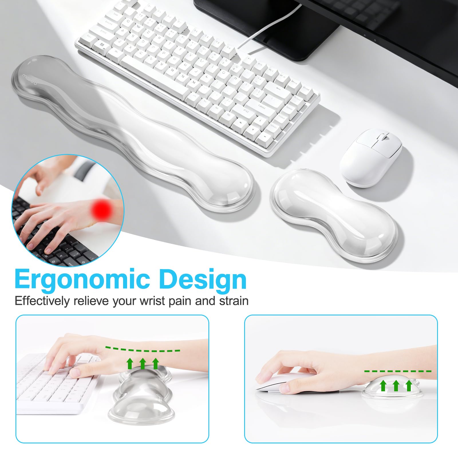MOSISO Gel Répresseur Poignet Clavier&Souris, Gel Réfrigérant Doux Support Anti-Douleur, Doussin Ergonomique Saisie Facile, Forme Onde Non Glissante pour Ordinateur Portable/Maison/Bureau,Transparent