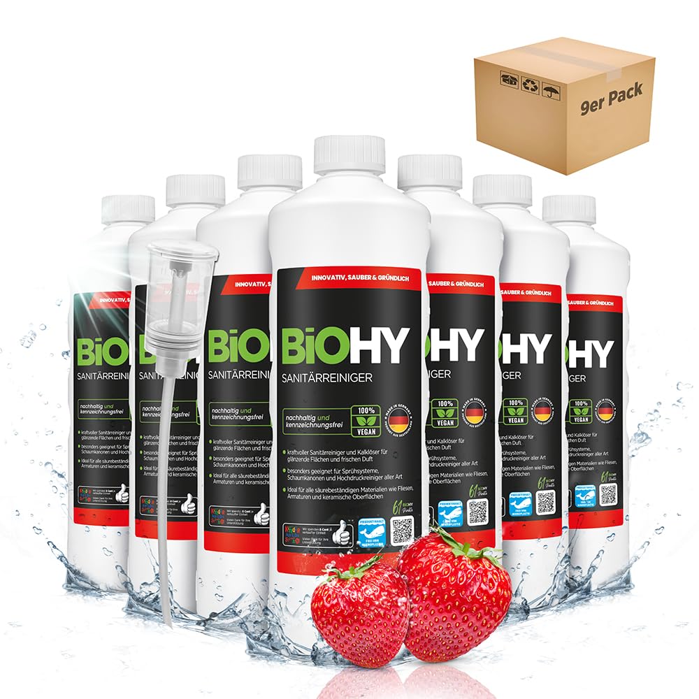BiOHY Limpiador sanitario (9 botellas de 1 litro) + Dosificador | Concentrado de cal para el área sanitaria | Deja un agradable y fresco aroma | EXTRA FUERTE (Sanitärreiniger)