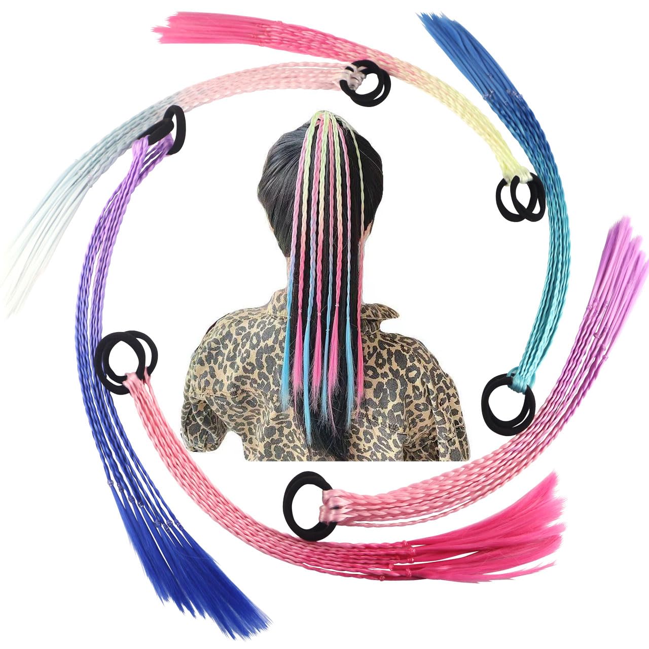 Extensiones de cabello trenzadas de colores con bandas de goma, trenzadas de arco iris, accesorios para el cabello para mujeres, niños, niñas, fiestas, cosplay, disfraces (12 unidades, estilo C)