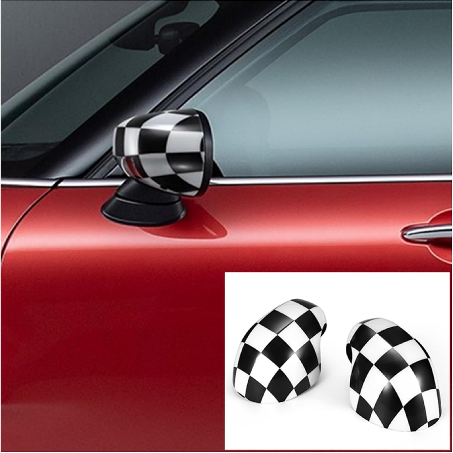 Rearview Side Mirror Cover Shell Decoration Car Accessories for Mini Cooper F54 F55 F56 F57 F60 2020-2024 2PCS (Checkered, With Light Under Mirror)