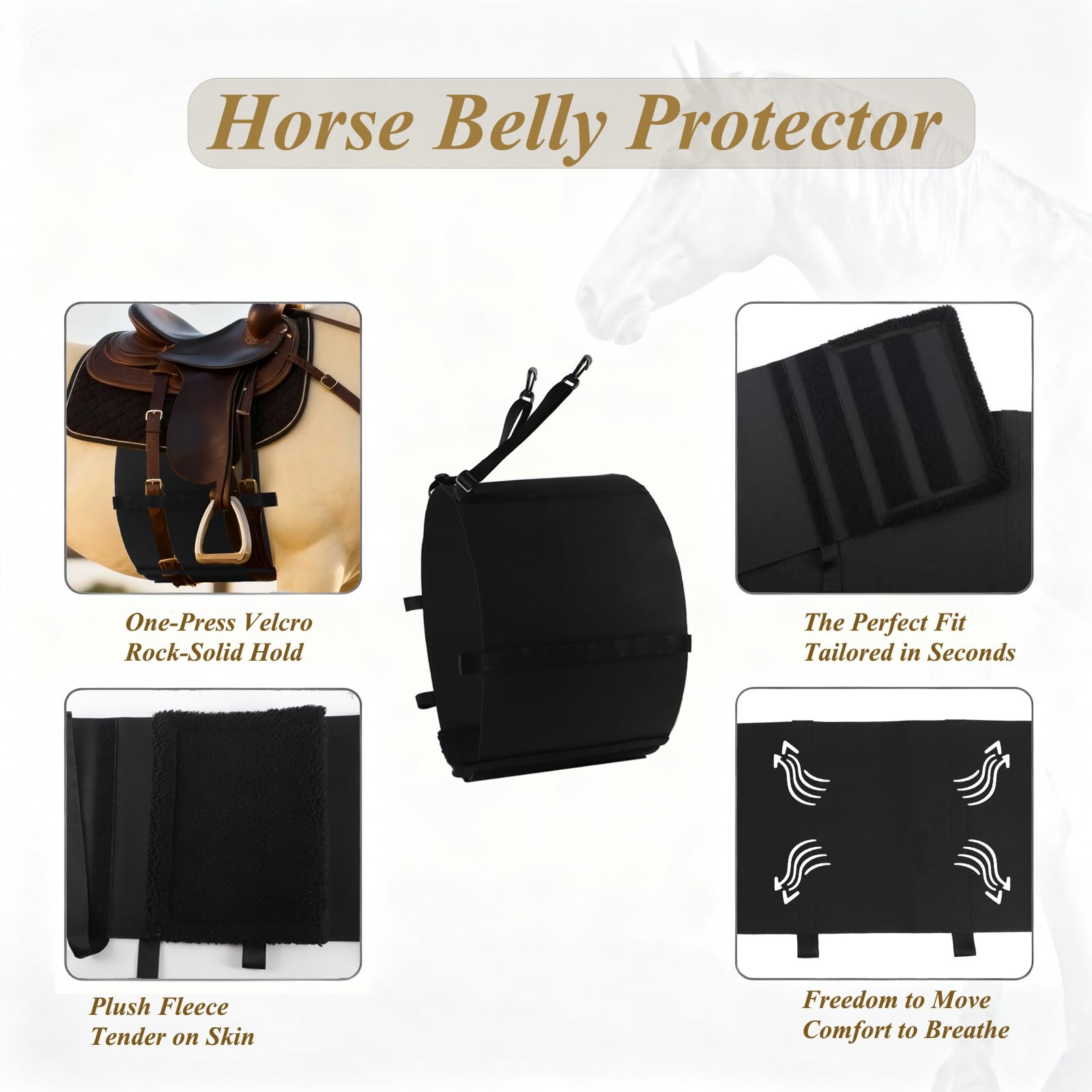 Cubierta protectora de vientre de caballo negro para proteger el abdomen de espolones y piel lesionada, cómoda banda transpirable para el vientre, banda de espolones de caballo, tamaño