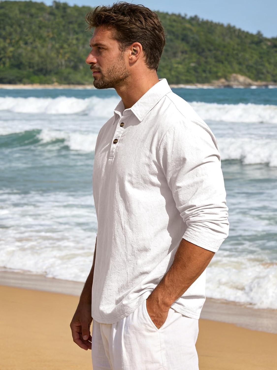 Men’s Linen Polo Shirts Long Sleeve Yoga Tops Casual Summer Hippie Beach T-Shirts - Image 3