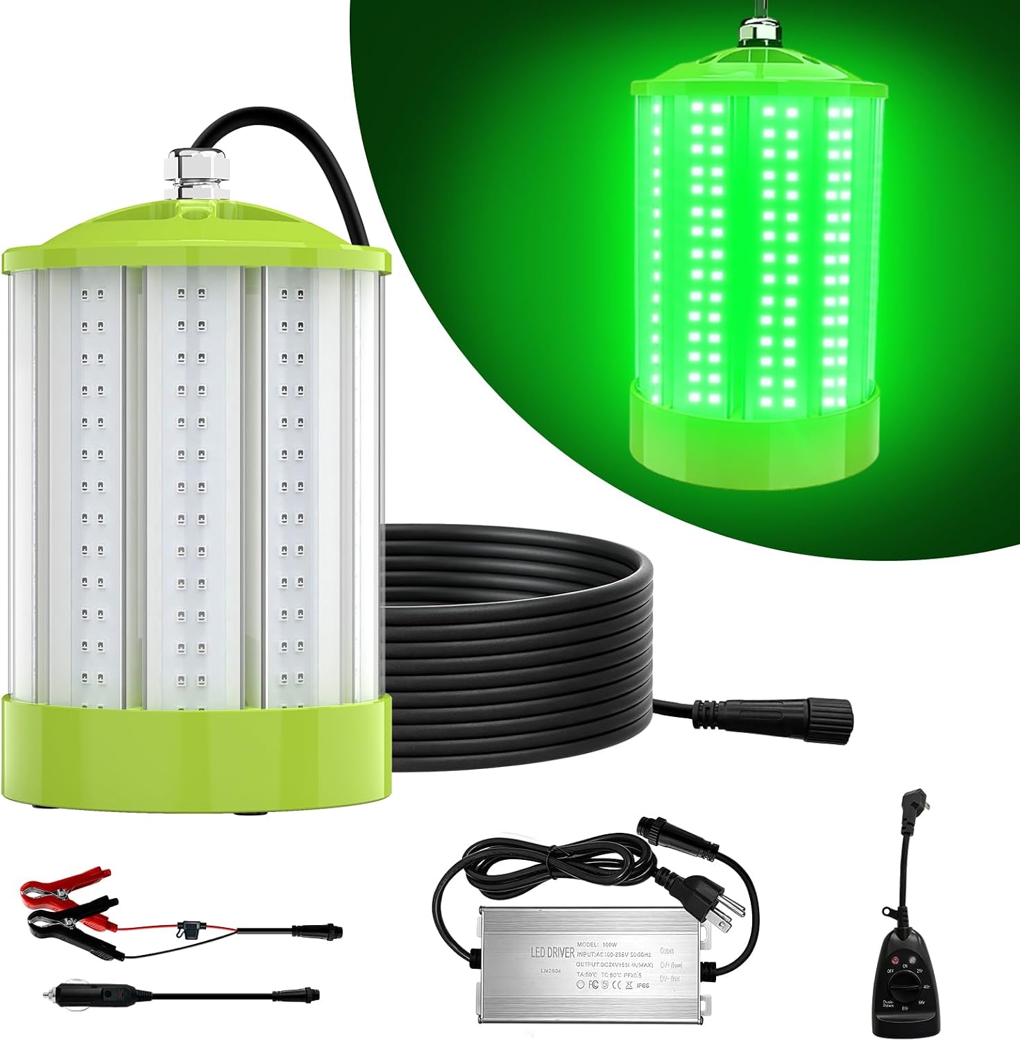 JESLED 110V & 12V/24V Underwater Fishing Light, 80W Super Bright Green Fishing Light for Docks/Boats/Kayaks, IP68 Waterproof for Fresh & Salt Water, Dusk to Dawn Timer Included (33FT Cable)