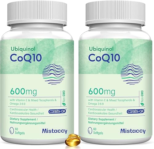 CoQ10 - Cápsulas blandas de 600 mg Suplemento de ubiquinol CoQ10 de alta absorción Forma reducida mejorada con vitamina E y Omega 3 6 9 Potencia