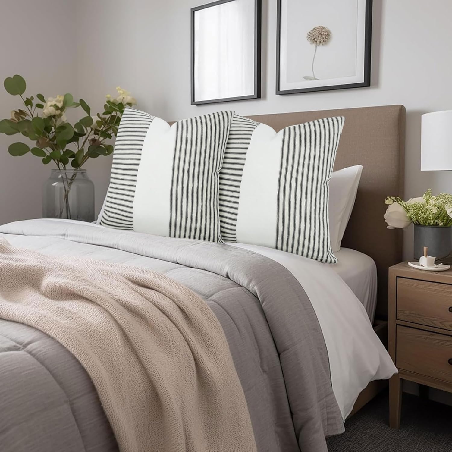 Farmhouse Pillow Covers 18x18, Boho Modern Accent Square Throw Pillow Covers Set of 2, Black and White Striped Patchwork Linen Decorative Pillows Cushion Covers for Couch Chair Bedroom - Image 3