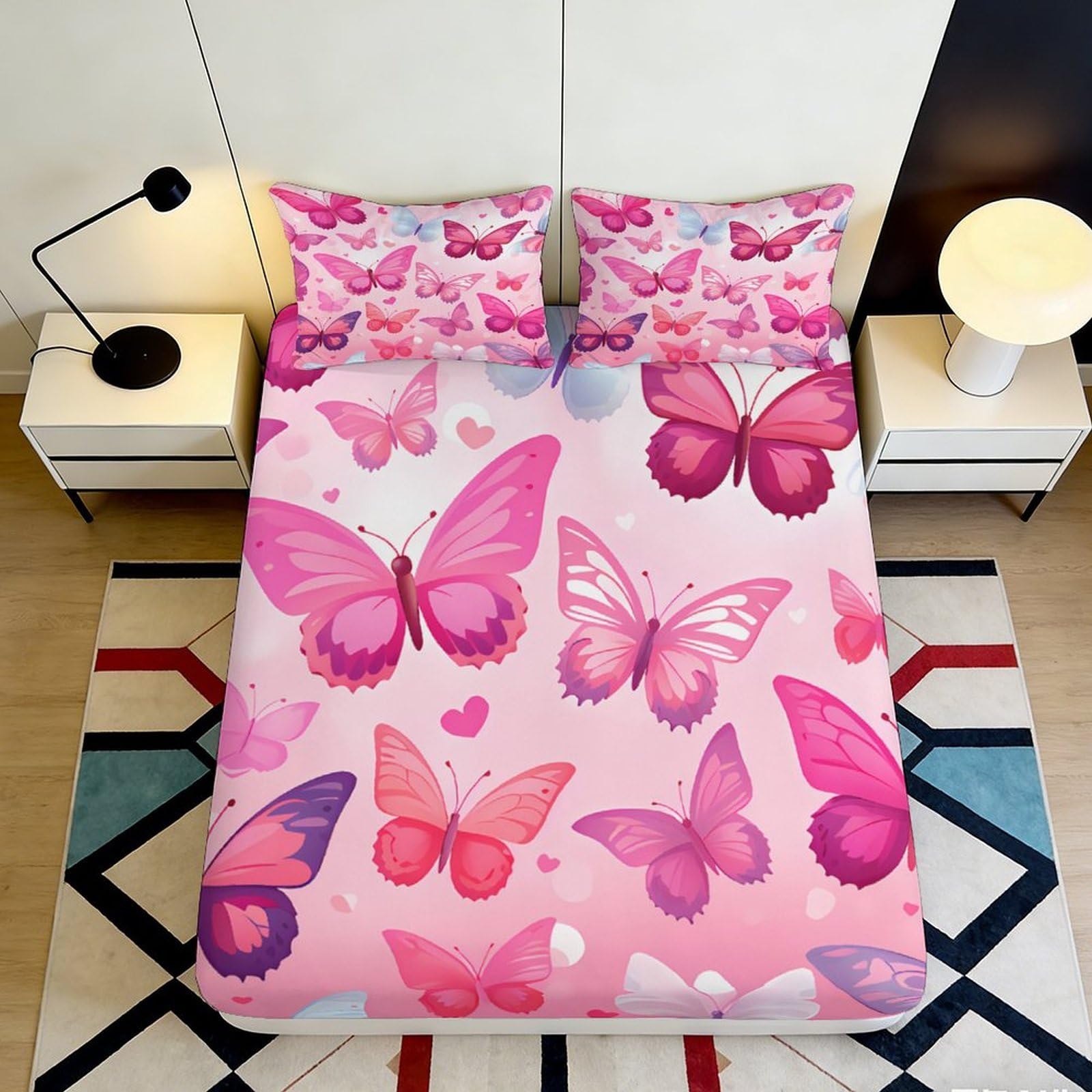 3D Printed Pink Butterfly Fitted Sheet Microfiber Soft Bed Cover for Bedroom Guest Room Dorm Artistic Mattress Protection 90x200x25cm