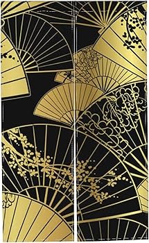 Amazon｜のれん おしゃれ 黒と金 扇子 和風 花柄 暖簾 ロング 幅86×丈