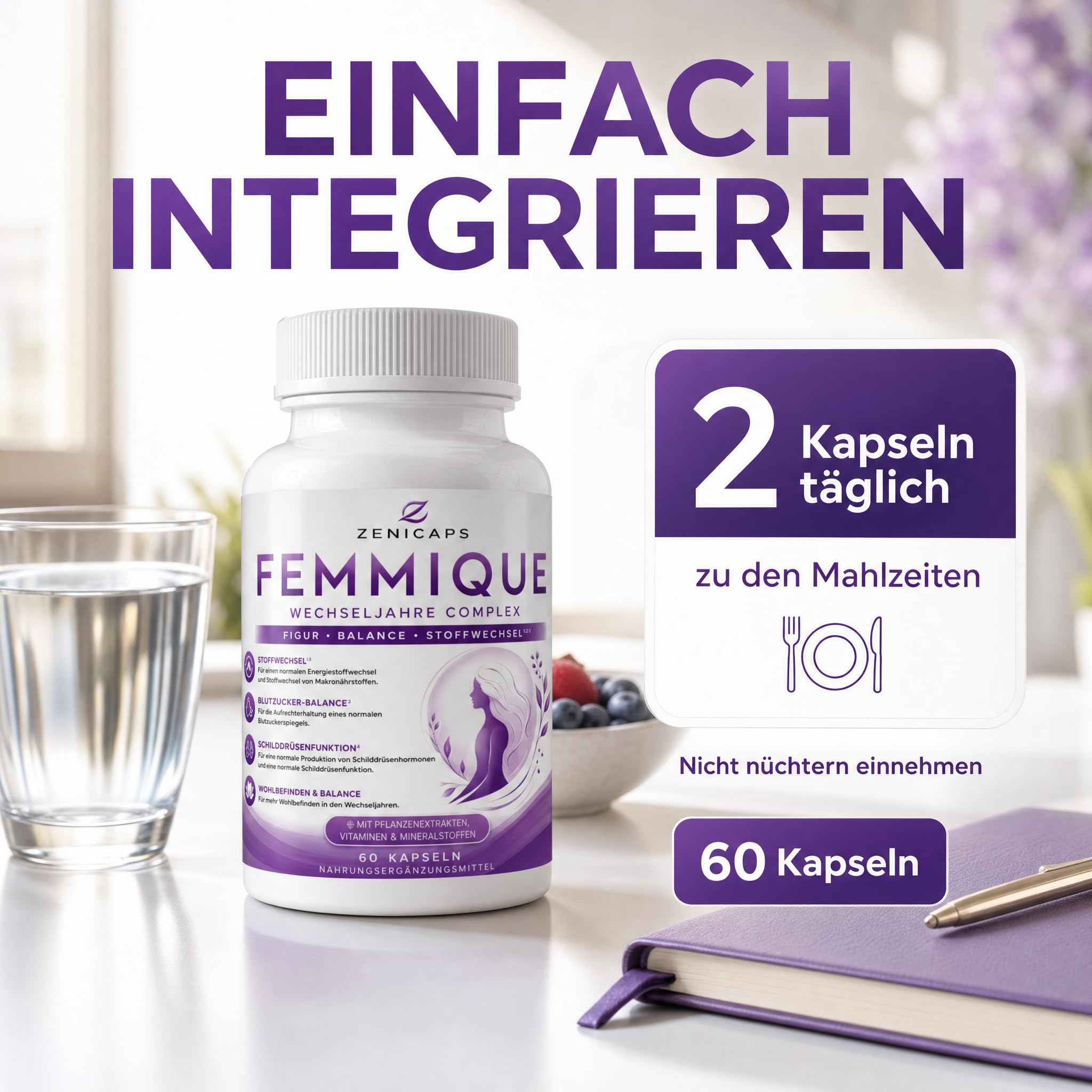 FEMMIQUE Wechseljahre Complex 60 Kapseln – Frauen Komplex mit Jod & Chrom – für normalen Energiestoffwechsel, Makronährstoffwechsel & Schilddrüsenfunktion