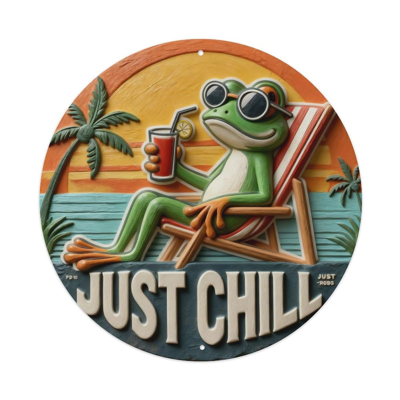Zlatcbu Vintage Frog Relaxing With Drink Sunset Palm Trees Metal Tin Sign Retro Wall Art Poster, Decor For Home Living Room Bar Cafe Garage, 8X8 Inch