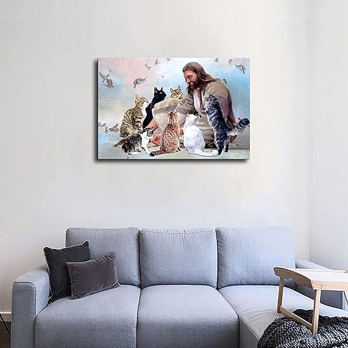Miniatura 3 de Póster de Jesús Cristiano Dios rodeado de gatos, ángeles para personas que aman a los gatos, lienzo estético, arte de pared, sala de estar,