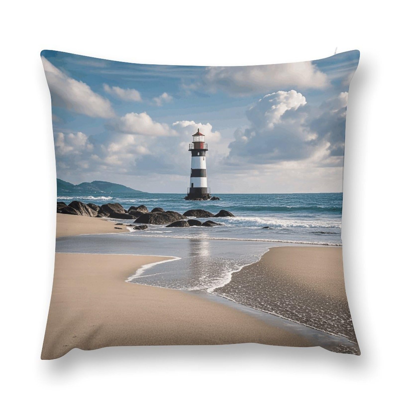 VstaDank Sea Lighthouse Sandbeach Throw Pillow Cover with Hidden Zipper Farmhouse Couch Pillow Cover Cozy Soft Short Plush Cushion Case Fashion Square Decorative Pillow Cover for Living Room