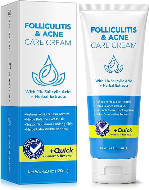 Folliculitis & Acne treatment Cream 120mL, 1% Salicylic Acid Treatment Cream for Folliculitis & Acne, Cleanses Pores & Reduces Excess Oil, Suitable for Scalp, Face & Body