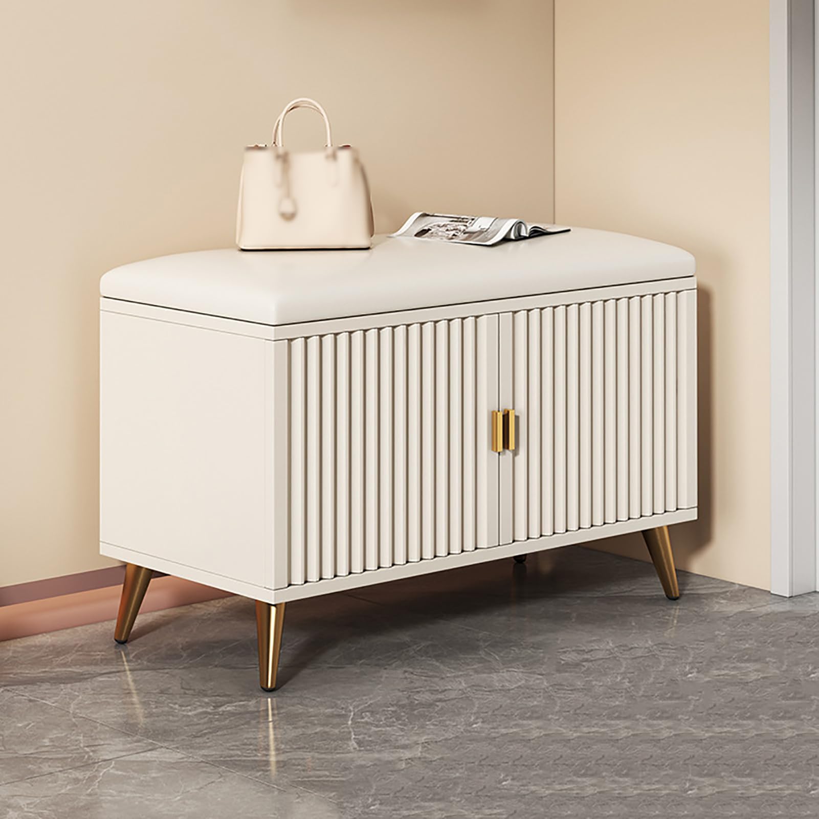 Meuble chaussures compact 4 portes résolvant le manque d'espace avec assise capitonnée