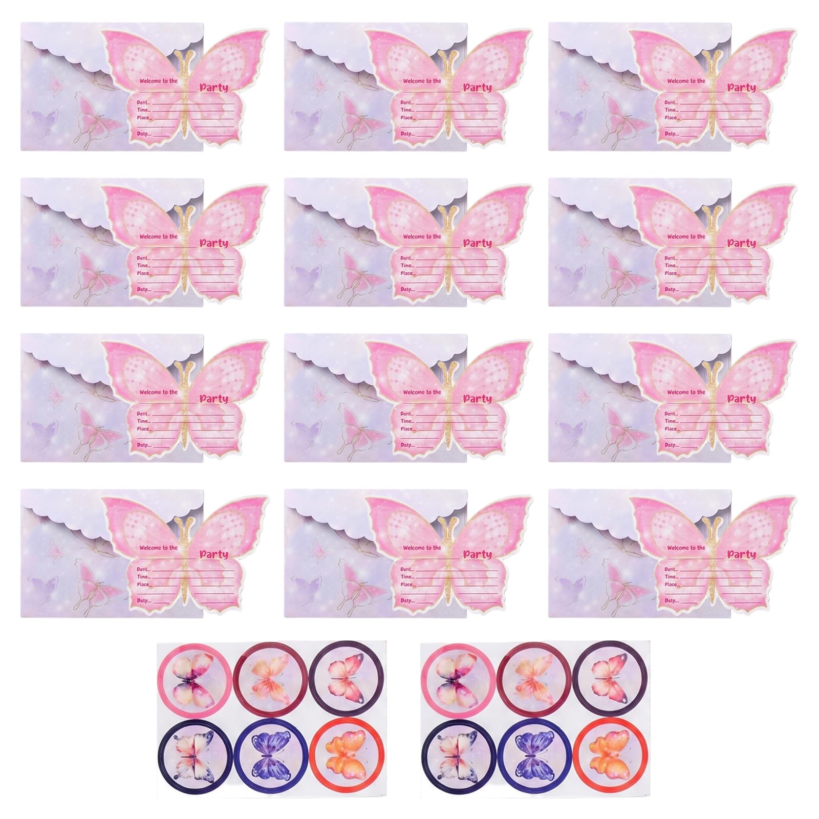 Zirax 12 Pcs Pink Butterfly Party Invitations Kids with Envelopes and Stickers, Birthday Invitations for Girls Boys Wedding Celebration Supplies