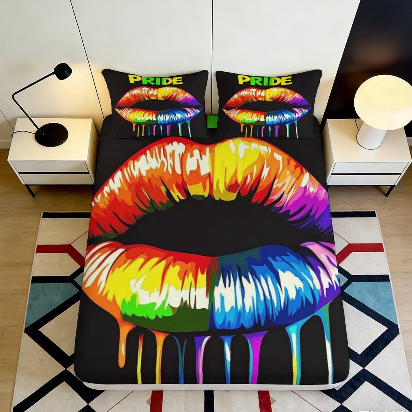 3D Printed Rainbow Lips Fitted Sheet Microfiber Bedroom Decor Pride Dripping Paint Mattress Cover for Home Dorm 120x200x25cm