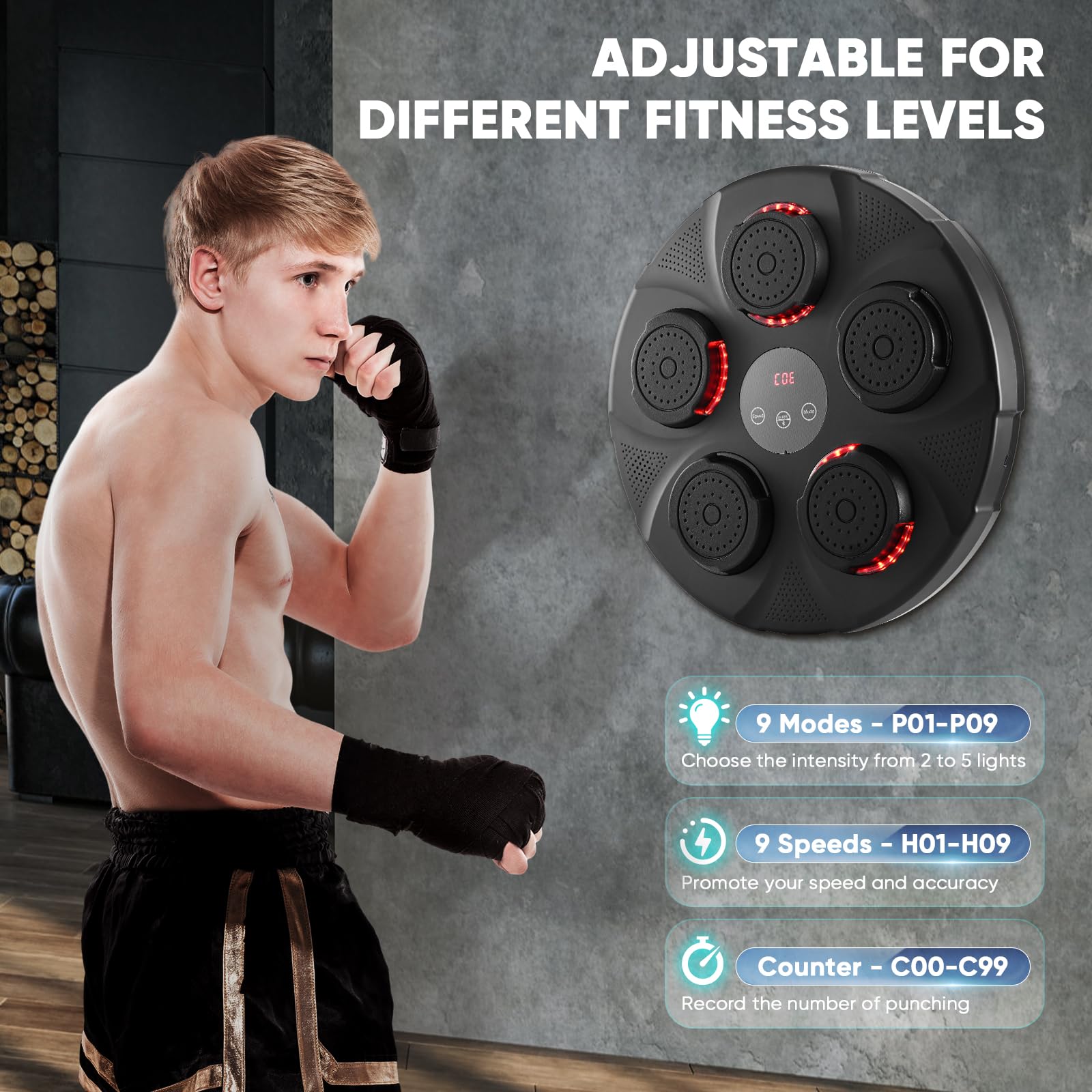 Music Wall Boxing, intelligente Musikboxmaschine, elektronische Boxmaschine mit Bluetooth-Konnektivität, 2 Paar Boxhandschuhe, Verwendung im Innenbereich, für Kinder/Erwachsene