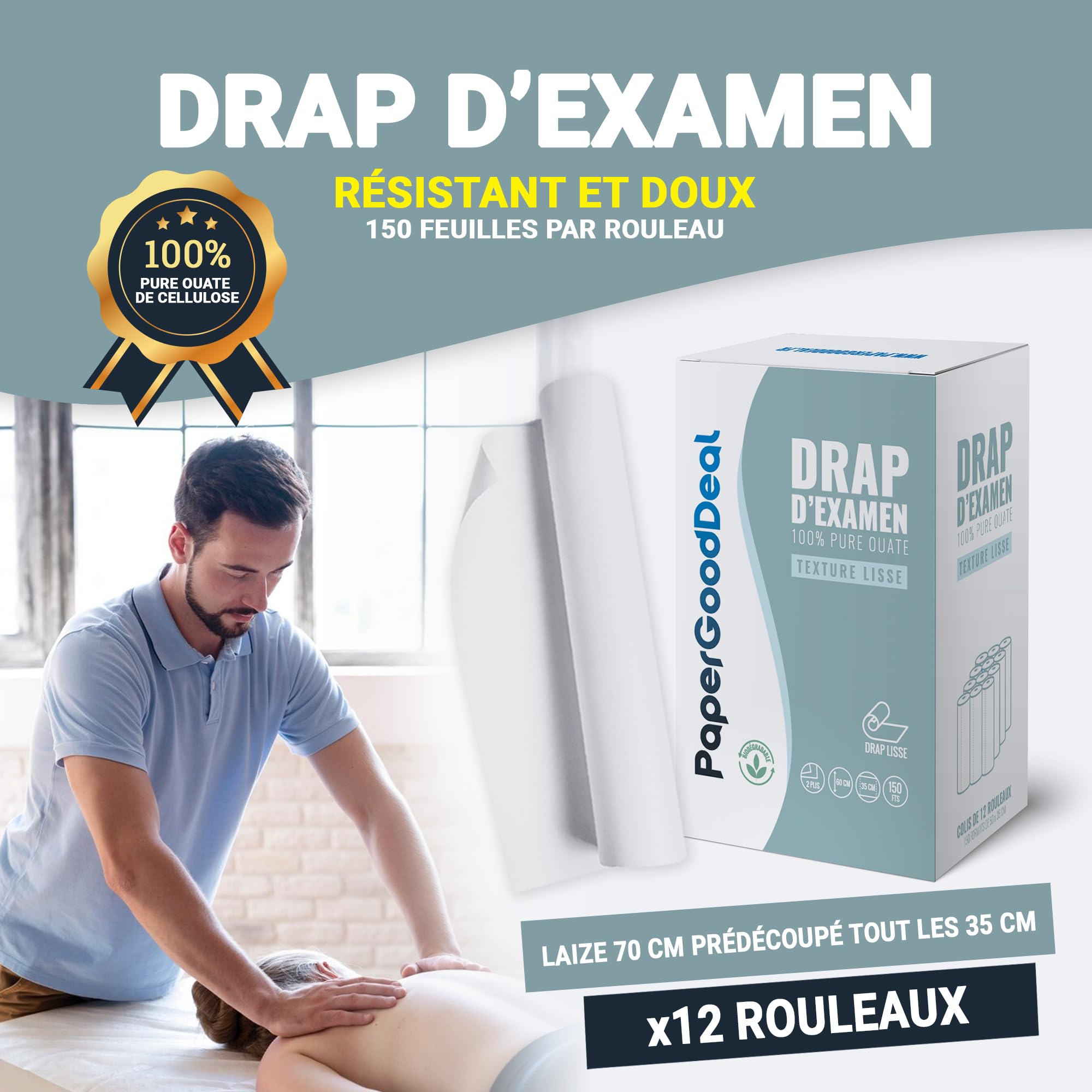 12 Rouleaux grande largeur 70x35cm draps d'examen de qualité professionnelle 100% pure ouate pour table medical massage ésthétique ostéopathe esthéticienne thérapie gynécologie pédiatrie médical