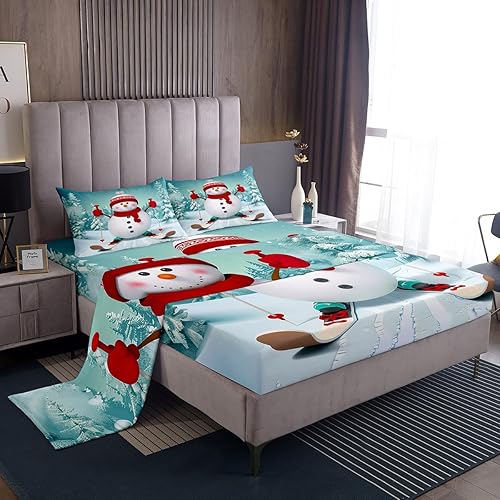 Vista 56 de Erosebridal Sábanas de muñeco de nieve tamaño matrimonial, juego de sábanas de esquí kawaii para árbol de Navidad, sábana bajera ajustable