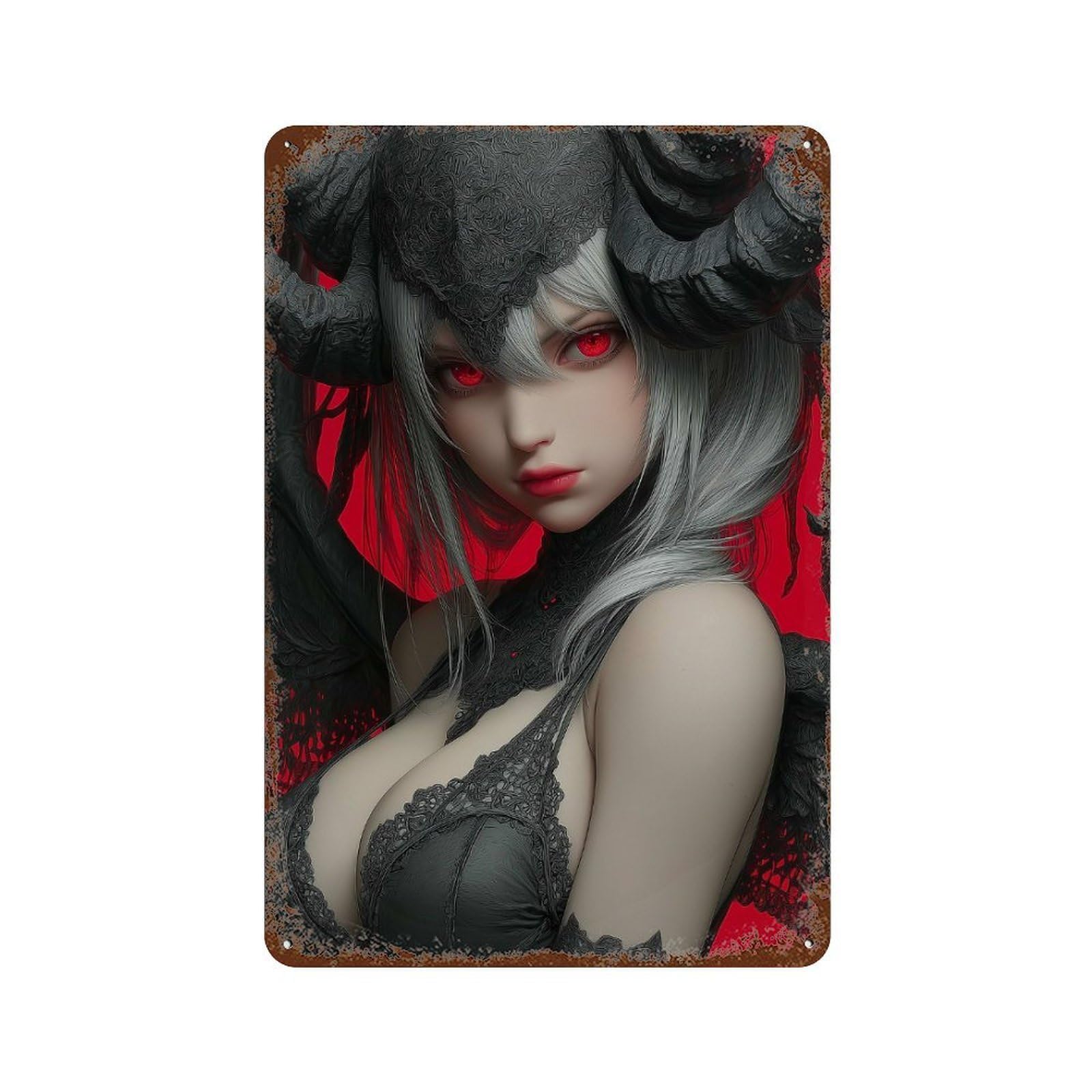 Vintage Rust Metal Sign with Demon Girl with Red Eyes Portrait Design 11.8"x7.9", for Shed, Workshop And Garage Wall Decor, Retro Wall Decor