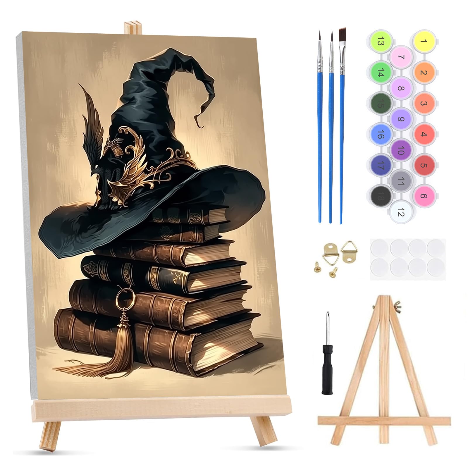 QENSPE Paint by Numbers for Adults on Framed Canvas - with Wooden Easel, Wizard's Hat Painting by Number Kit for Beginners, DIY Book Acrylic Oil Painting for Home Wall Decor 8x12 Inch