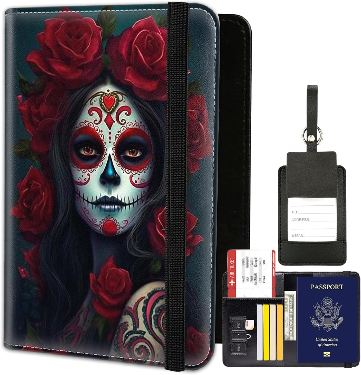 Passport Holder for Women Men,Leather Travel Passport Wallet and Luggage Tag Set, Waterproof Passport Case Book with Credit Card Slots, Passport Cover RFID Blocking,Colorful Day of the Dead Women