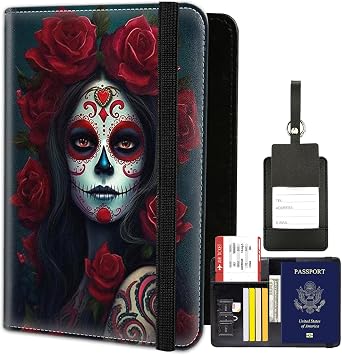 Passport Holder for Women Men,Leather Travel Passport Wallet and Luggage Tag Set, Waterproof Passport Case Book with Credit Card Slots, Passport Cover RFID Blocking,Colorful Day of the Dead Women