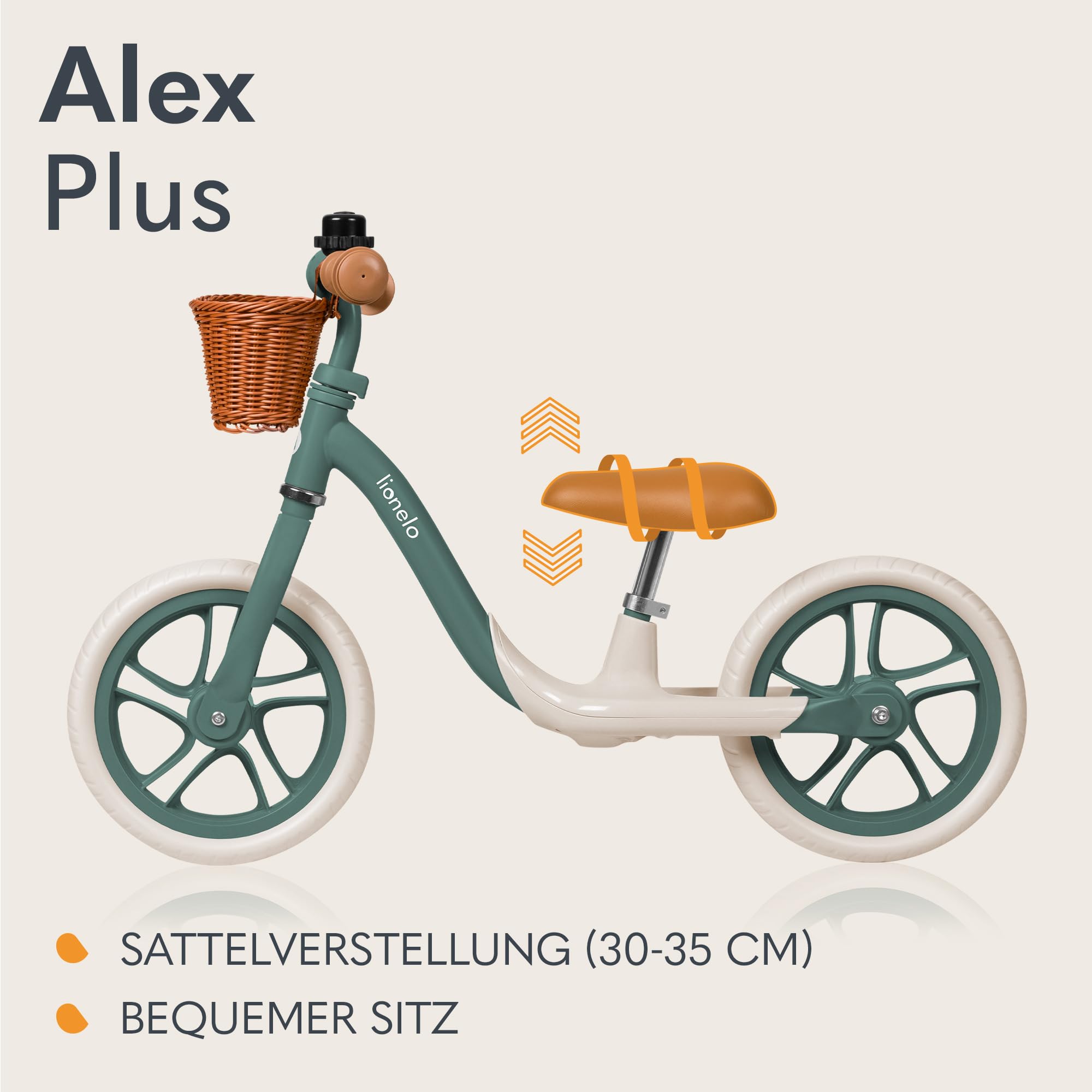 Lionelo Alex Plus Kinderlaufrad bis 30 kg, ab 3 Jahren, Eva-Schaumstoffräder 30,5 cm, Trittbrett Korb Verstellbarer Sitz und Lenker, Rutschfester Griff, Leicht 3,4 kg