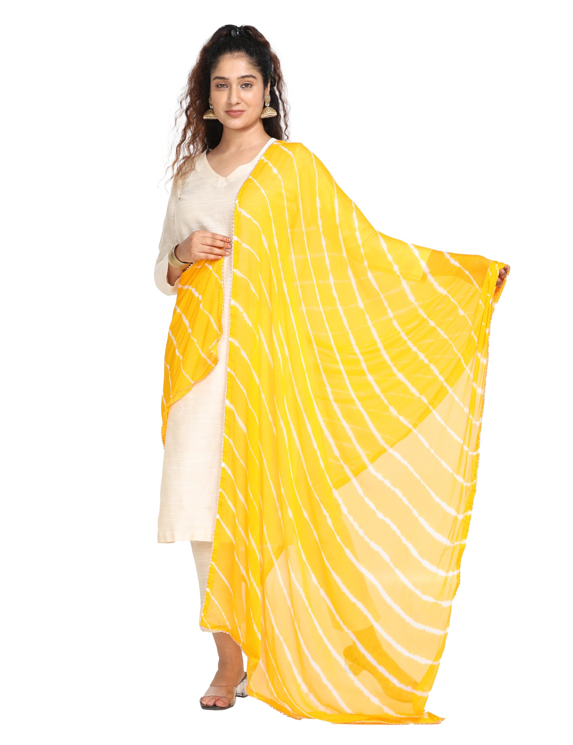 Women's Soft Silky 2.5 Meter Chiffon Dupatta Pack of 1 in Handcrafted Leheriya Bandini/Tie-Dye Pattern with a Gota Triangular Lace on all 4 Sides