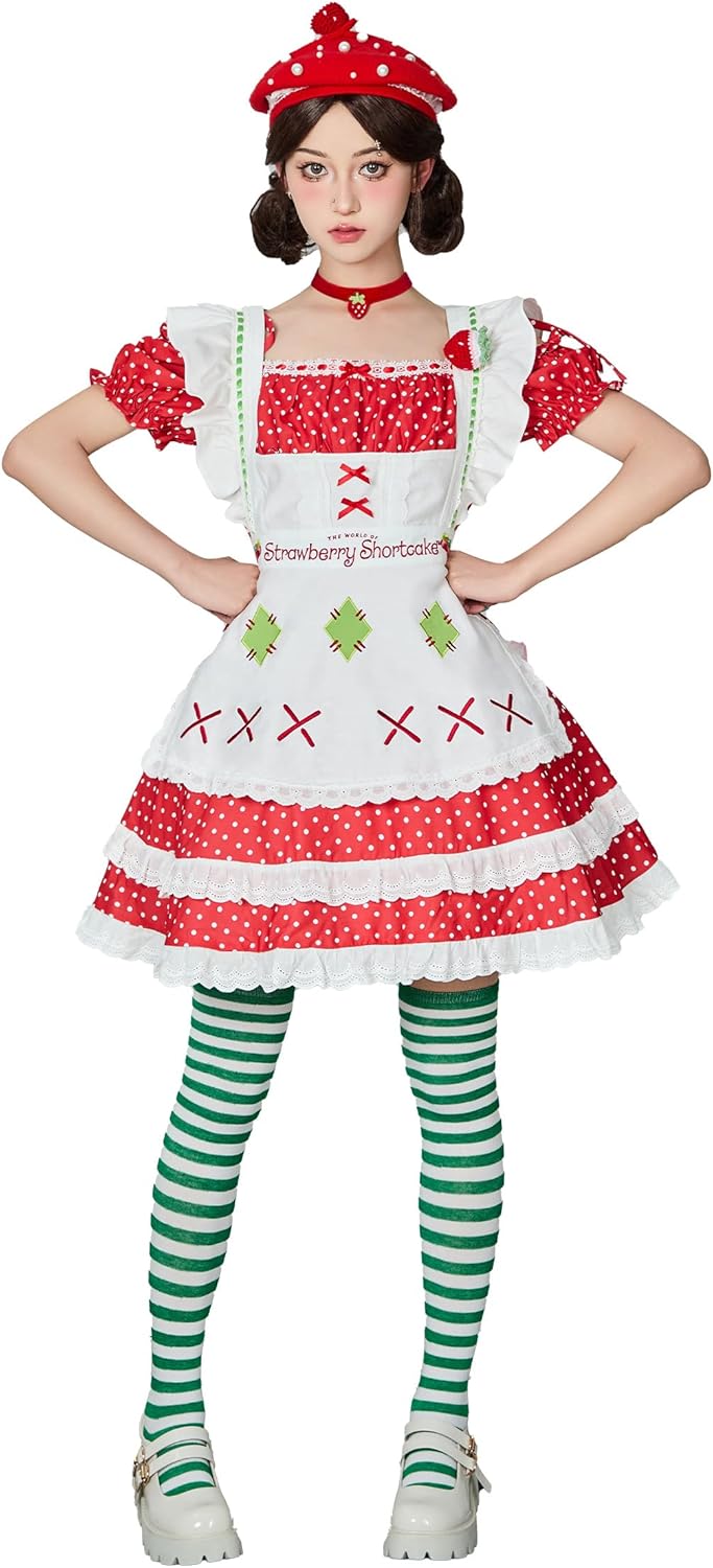 Micotaku Strawberry Shortcake Women Dress Set with Beret and Apron Strawberry Shortcake Cosplay Costume