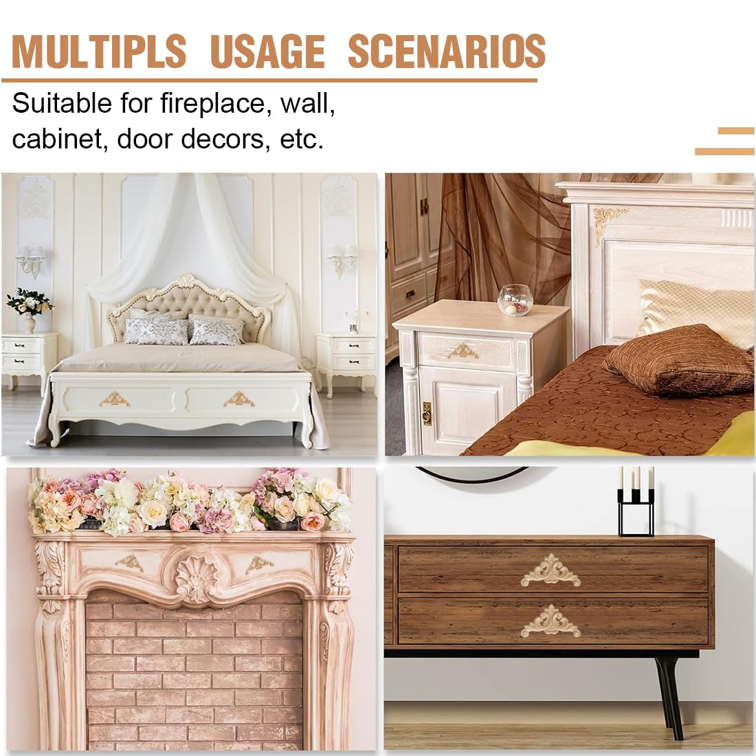 KSJEHW 12 Pièces Appliques Bois Sculpté Fleur De Rose - Moulures Décoratives Non Peintes Pour Meubles