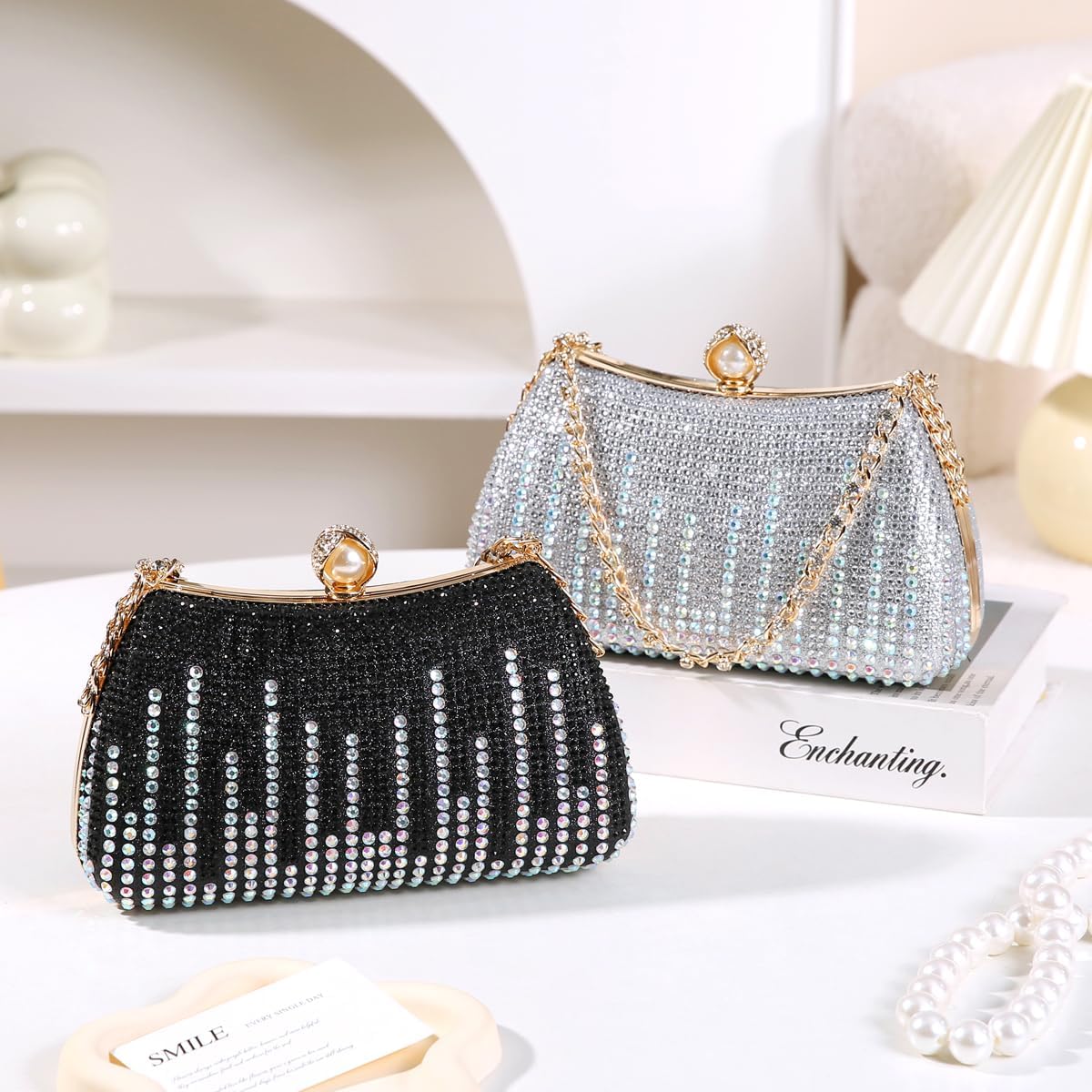 Dreubea Womens Fashion Rhinestone Evening Handbag with Chain Shiny Tote Clutch Bag