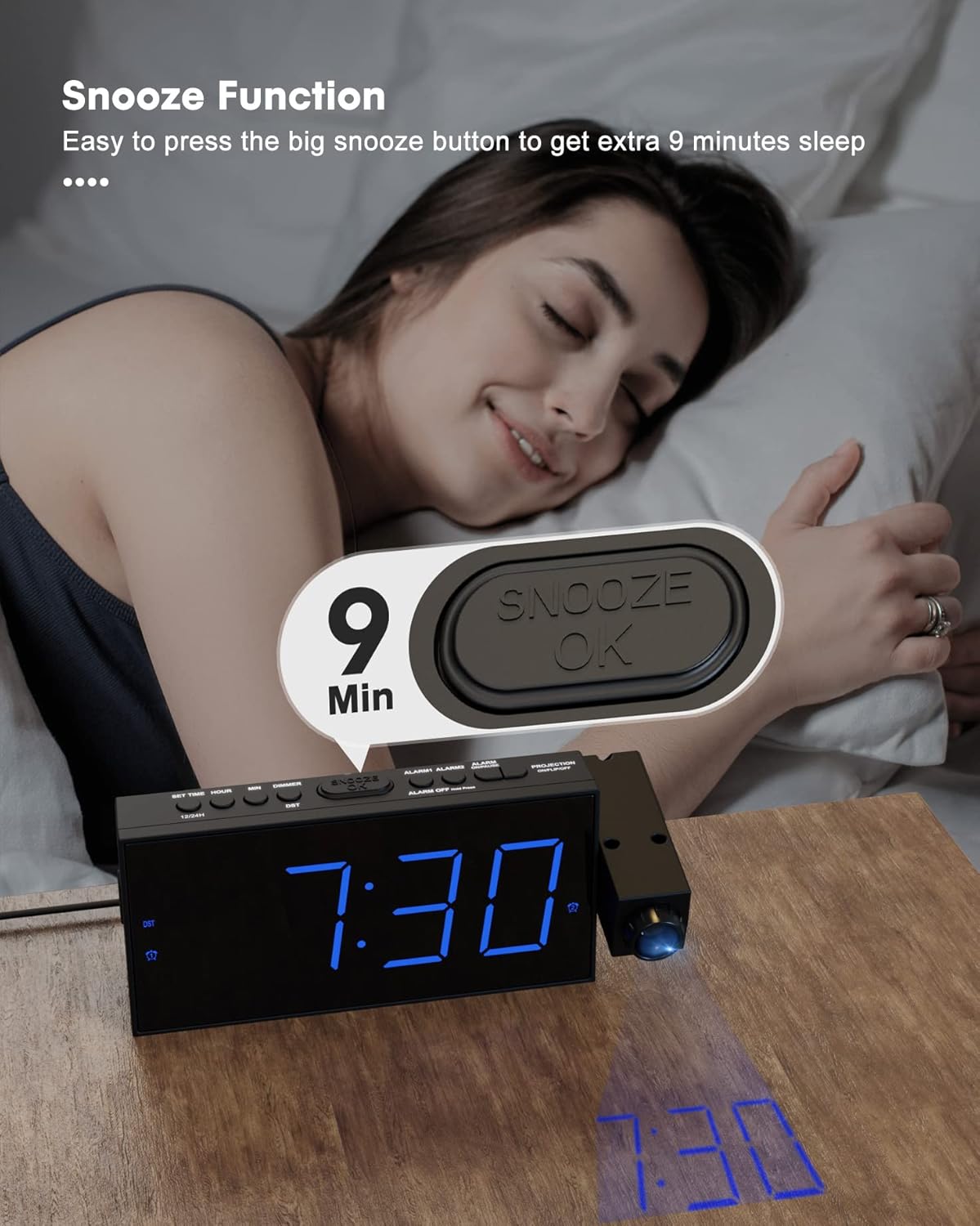 Projection Alarm Clock for Bedroom,LED Digital Clock Projection on Ceiling Wall with USB Phone Charging,Battery Backup,180°Projector& Dimmer,12/24H,DST,Snooze,Dual Loud Bedside Clock for Heavy Sleeper