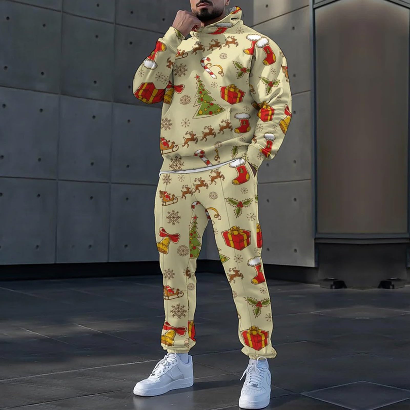 Tute Sportbekleidung 2-teiliger Sportanzug Herren Freizeit Sport Halloween Print Jogginghose mit Kapuze Jogginganzug S 3XL 2024 Anzug Sand Herren
