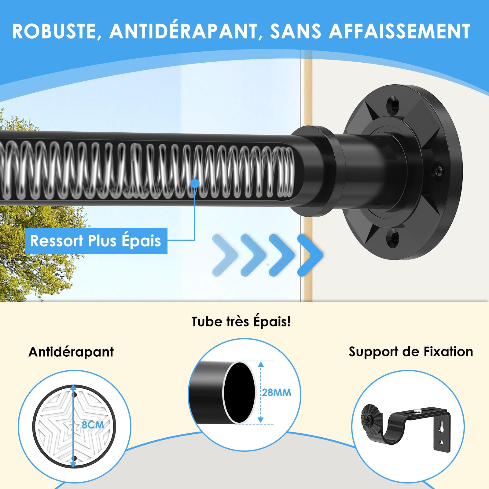 Tringle rideau sans perçage extensible noire, 28mm barre rideau 78-313cm