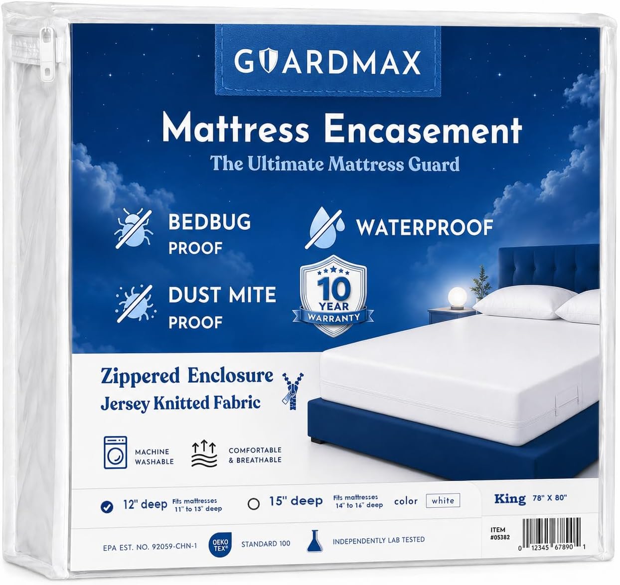 Guardmax (200cm x 200cm) - Bed Bug Proof Mattress Encasement Protector Zippered Style, 100% Waterproof Cover, Hypoallergenic and Breathable, Soft and Noiseless - King Size (78x80x11)